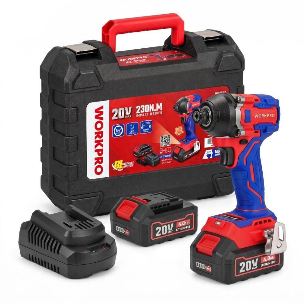 WORKPRO WP390108 20Volt 4.0Ah. Li-ion 230Nm Çift Akü Kömürsüz Profesyonel Şarjlı Darbeli Tornavida
