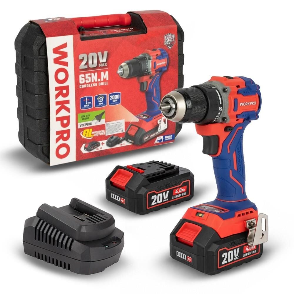 WORKPRO WP390023 20Volt 4.0Ah Li-ion 65Nm. Çift Akülü Kömürsüz Profesyonel Şarjlı Matkap