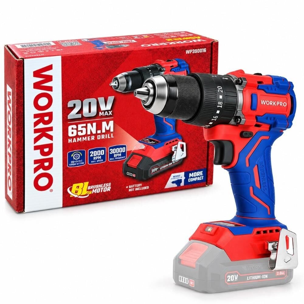 WORKPRO WP390016 20Volt 65Nm. Kömürsüz Profesyonel Şarjlı Darbeli Matkap (Akü Dahil Değildir)